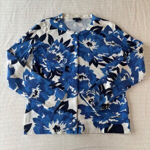 Tommy Hilfiger Womens Blue White Floral Cotton Button Front Cardigan Sweater L